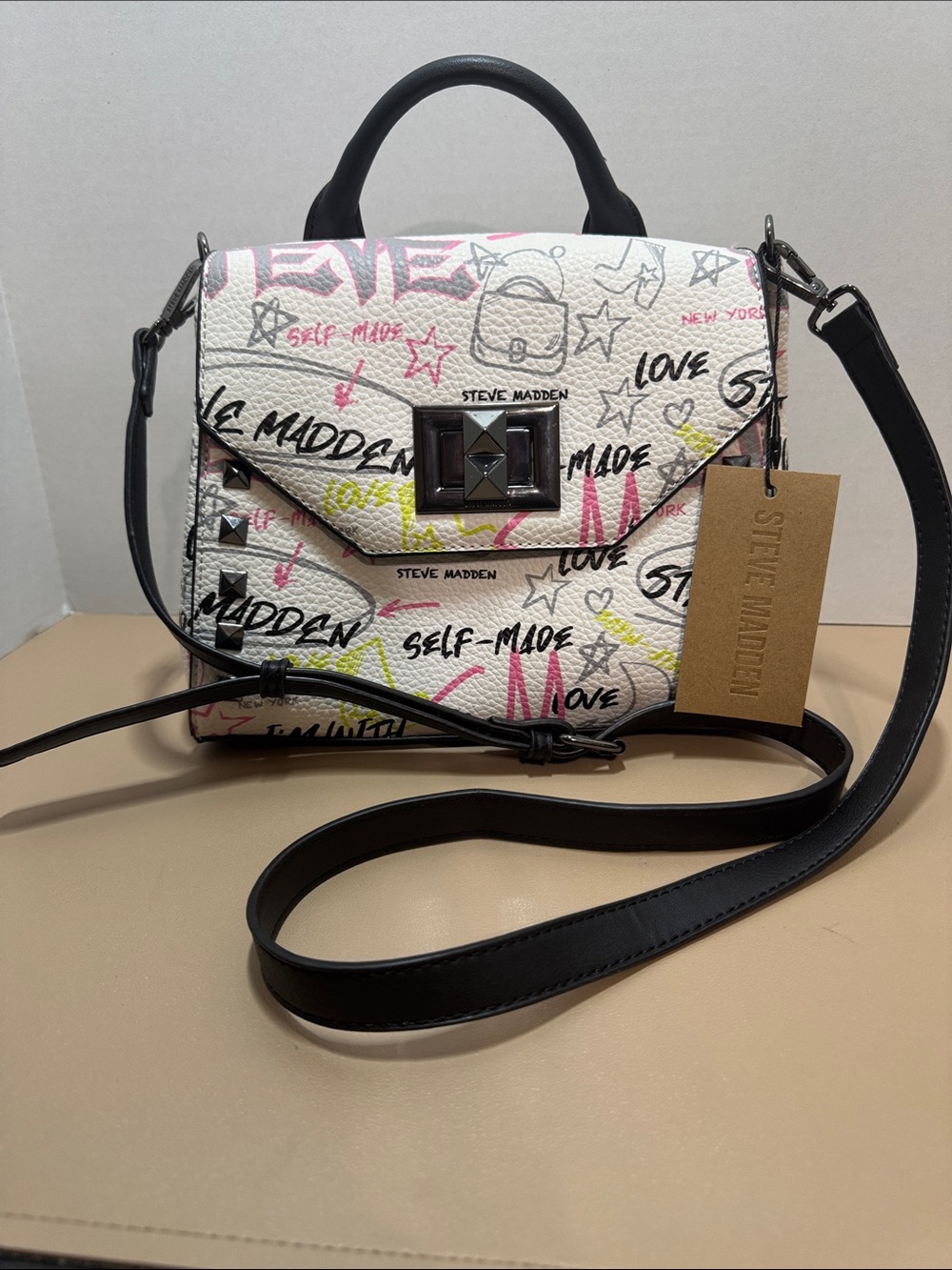 NWT Steve Madden White Graffiti Crossbody Satchel with Black Trim